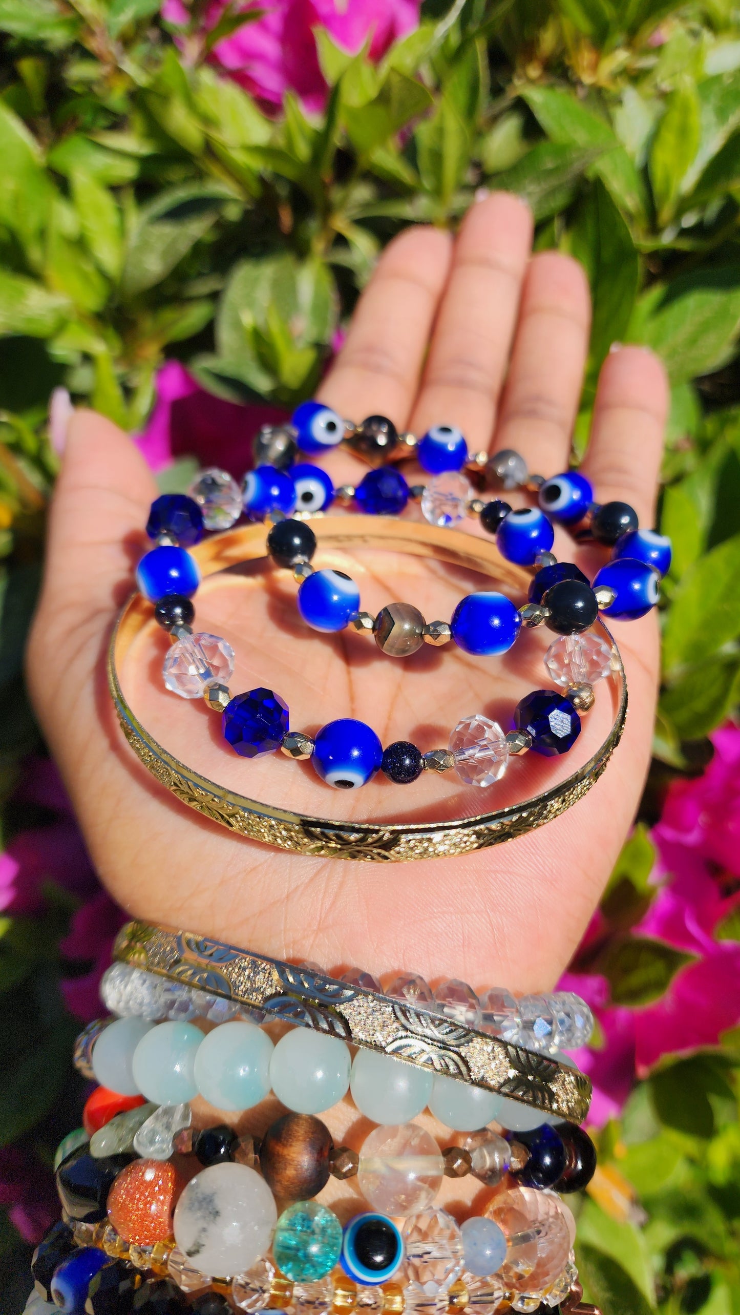 Stacked Up Agate & Blue Sunstone Evil Eye Drip Bracelet Set