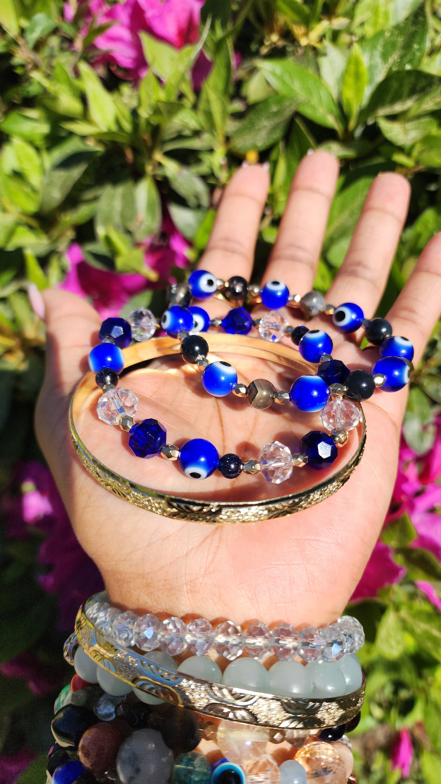 Stacked Up Agate & Blue Sunstone Evil Eye Drip Bracelet Set