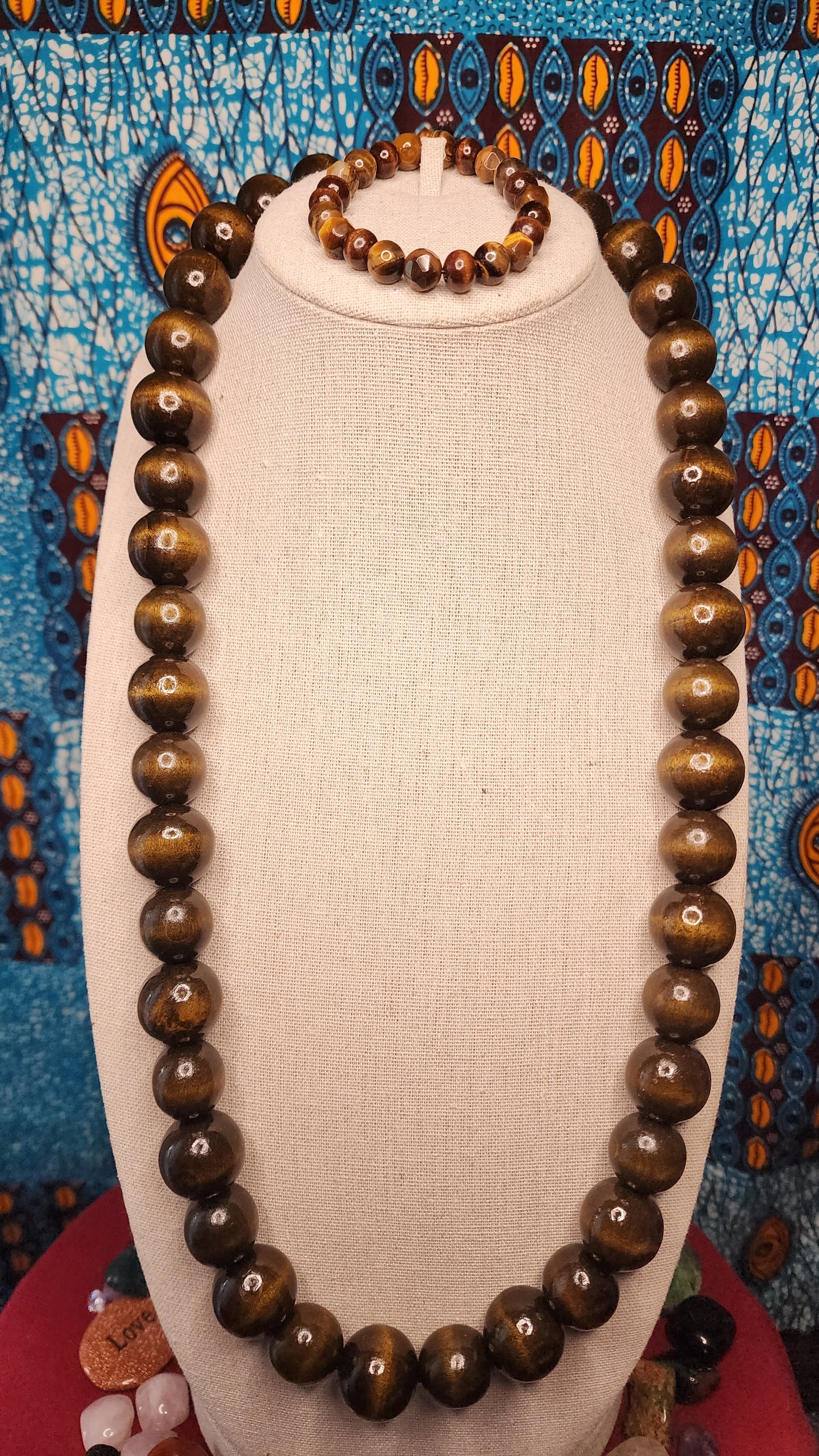 Large Wood Grain Beaded Necklace and Tiger's Eye With Wood Grain Beads Bracelet Set