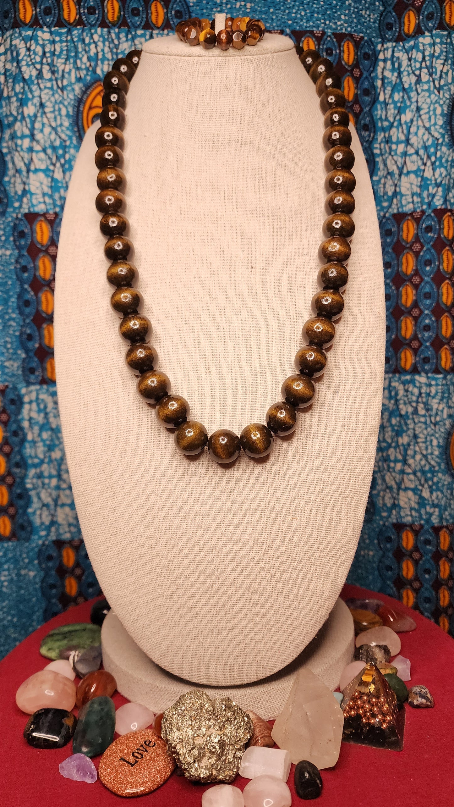Medium/Large Wood Grain Beaded Necklace and Tiger's Eye With Wood Grain Beads Bracelet Set