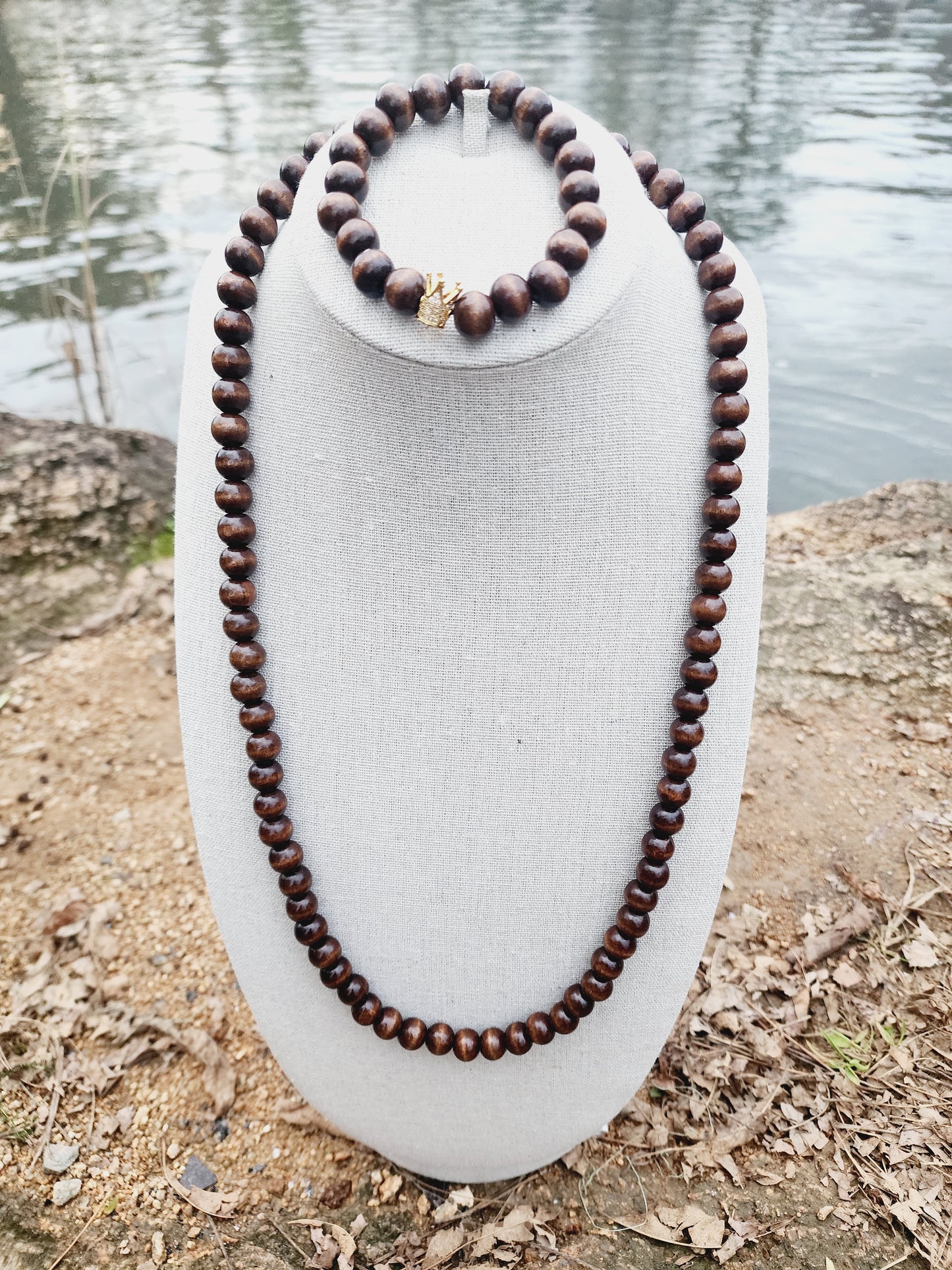 Small/Medium Wood Grain Beaded Necklace & Bracelet Set