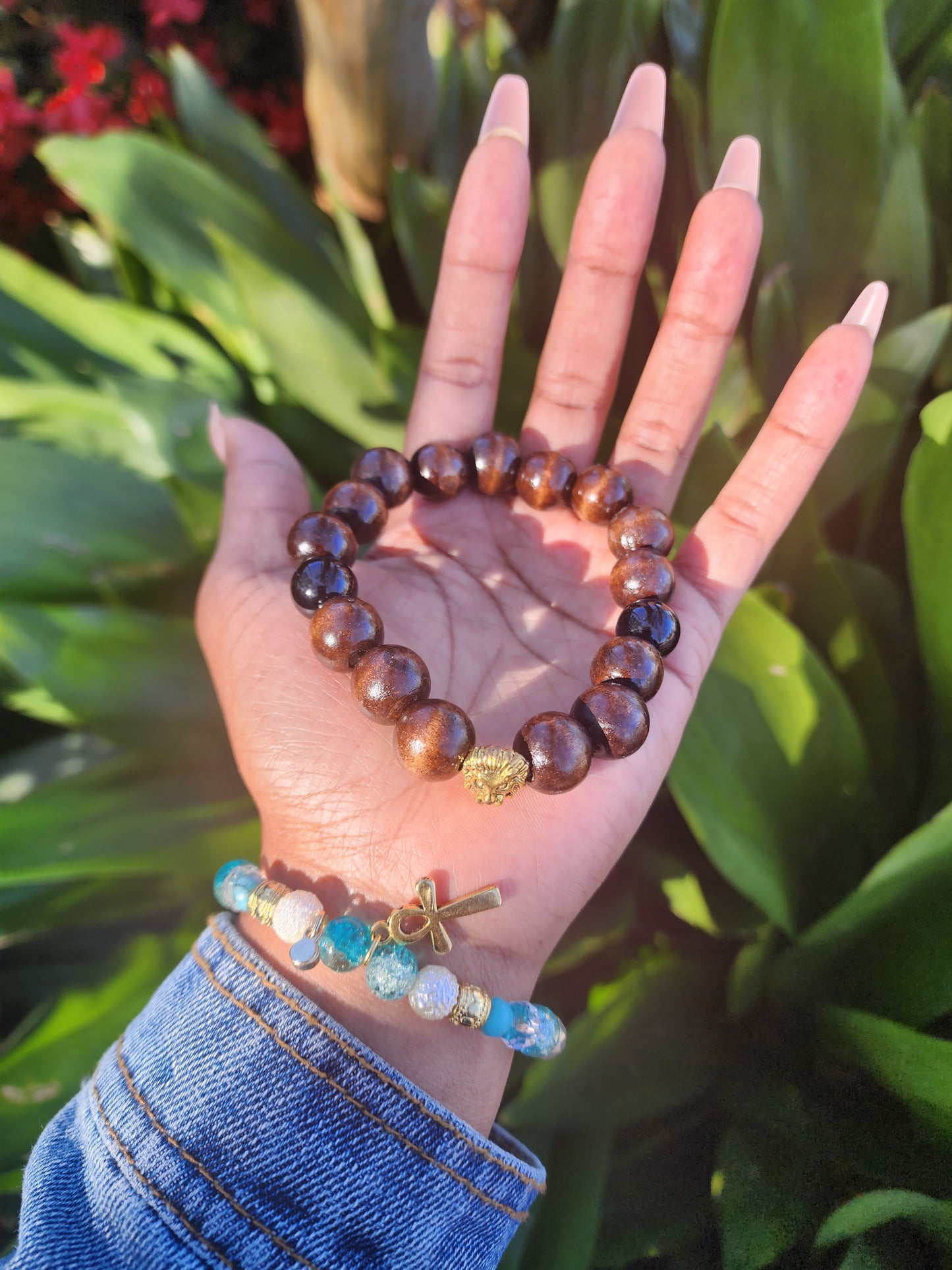 Brown Wooden Beads and Black Agate with Lion Head Charm