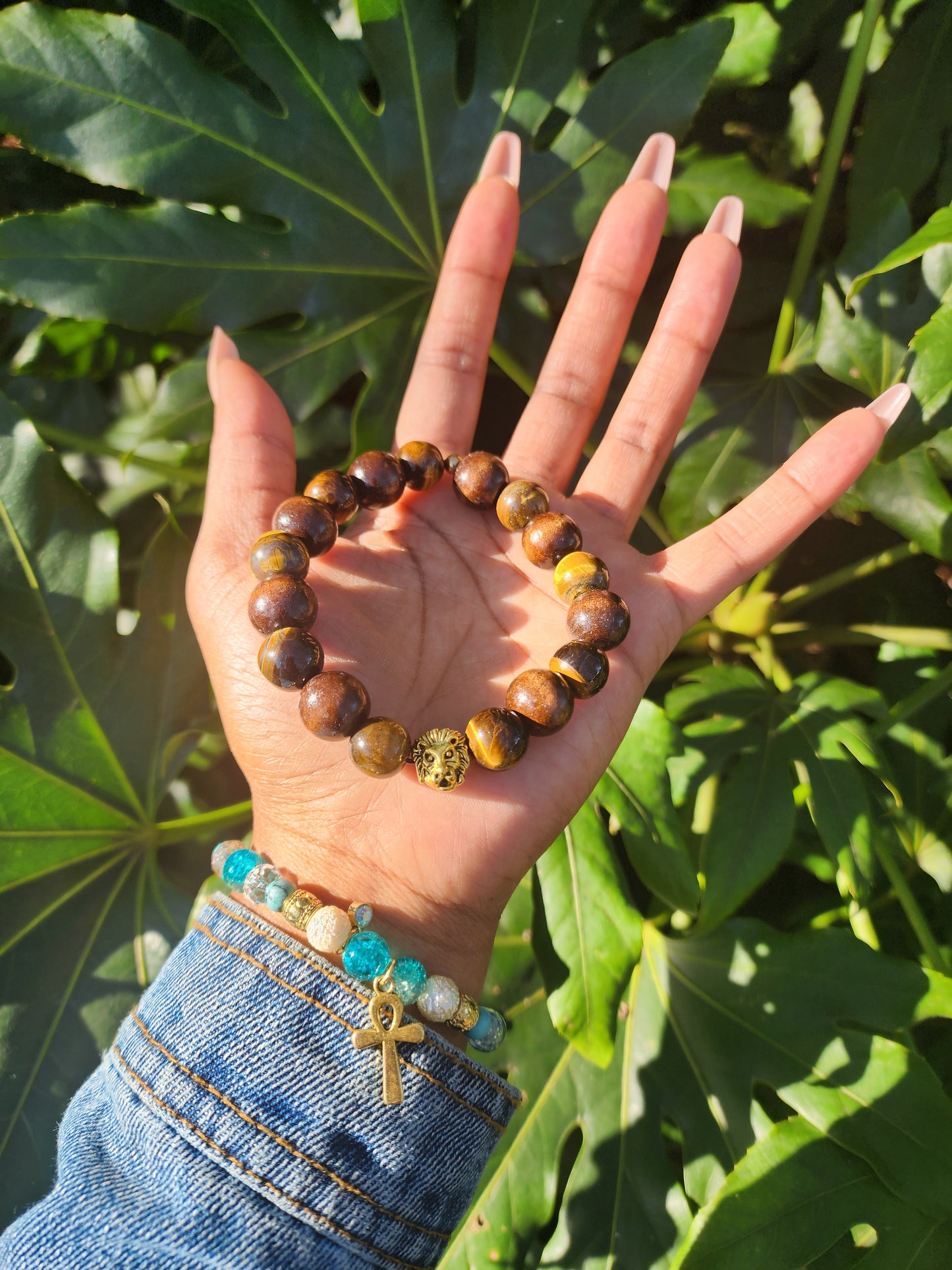 Tiger's Eye with Brown Wooden Beads and Golden Charm